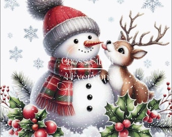Snowman, deer, adorable winter scene counted Cross Stitch Pattern:  (Digital PDF)