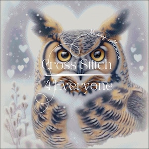 May include: A cross-stitch pattern featuring a detailed owl with large yellow eyes and brown and white feathers. The text "Cross Stitch 4 Everyone" is displayed in white. The background includes a heart shape and small white hearts.