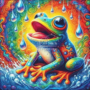 May include: A colourful frog with a wide open mouth sits in a pool of water with rainbow swirls. The frog is surrounded by falling raindrops.
