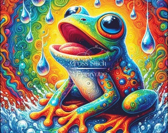 A bright adorable tree frog with raindrops counted cross stitch pattern digital pdf