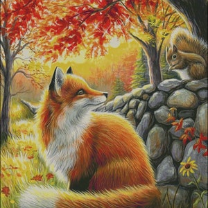 Red fox with squirrel counted cross stitch pattern PDF