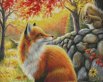 Red fox with squirrel counted cross stitch pattern PDF