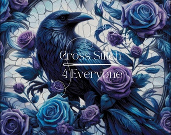 A black raven with blue and purple roses  counted cross stitch pattern digital pdf