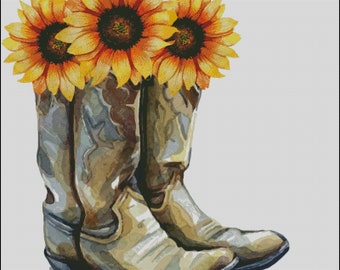 Cowboy boots and sunflowers counted cross stitch pattern PDF