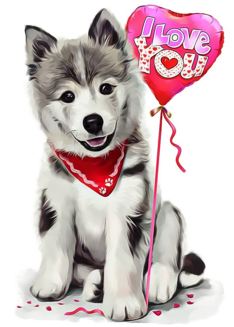 Siberian husky puppy with valentine heart balloons counted cross stitch pattern digital pdf