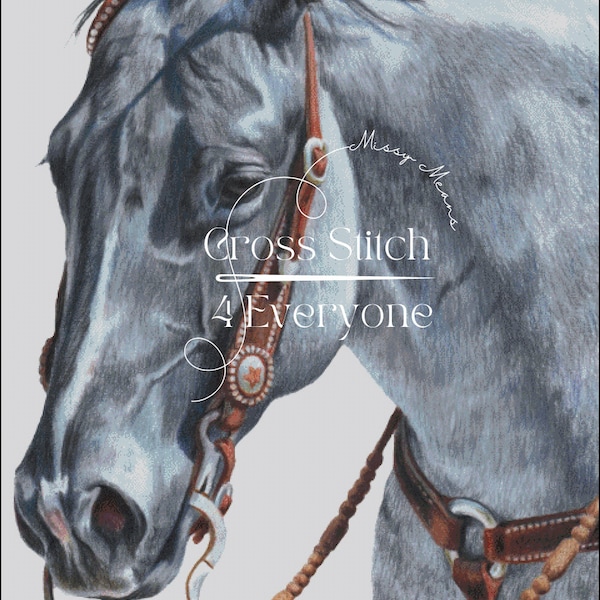 A blue roan western quarter horse in tack equine counted cross stitch pattern digital pdf