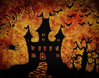 Halloween spooky spiders and bats house sunset counted cross stitch pattern