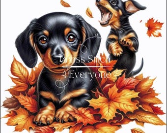 Dachshund puppies in autumn leaves Cross Stitch Pattern:  (Digital PDF)