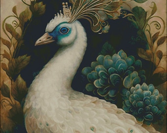 White peacock with floral accents counted cross stitch pattern digital pdf download