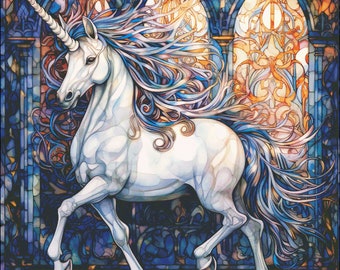 Unicorn in stained glass fashion, horse fantasy counted cross stitch pattern digital pdf