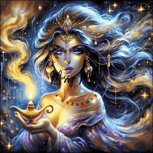 May include: Digital art of a woman with long, flowing blue and gold hair, wearing a jeweled crown and earrings. She holds a golden lamp with a lit flame. The image has the text "Cross Missy 4 Everyone".