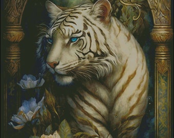 White tiger with floral accents counted cross stitch pattern digital pdf download