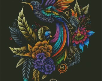 Bird in bold colors mandala style counted cross stitch pattern digital pdf