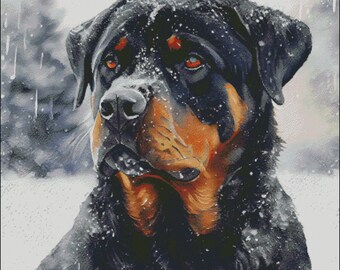 A snowy rottweiler dog christmas winter scene counted cross stitch pattern digital pdf