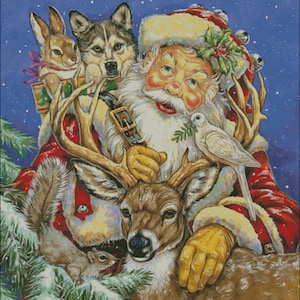 Santa claus and wildlife friends wolf deer rabbit dove squirrel counted cross stitch pattern pdf