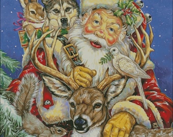 Santa and Wildlife Cross Stitch Pattern: Wolf, Deer, Rabbit (PDF)