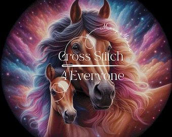 A bay mare and foal with colorful background counted cross stitch pattern digital pdf