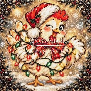 Könnte beinhalten: Eine digitale Illustration eines zwinkernden Huhns mit roter Weihnachtsmütze und rot karierter Schleife, umwickelt mit einer bunten Lichterkette. Der Hintergrund zeigt goldene Funken, Schneeflocken und Tannenzweige.