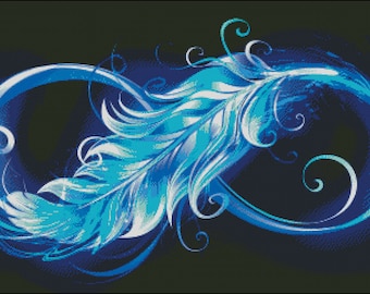 Electric blue infinity symbol with feather counted cross stitch pattern digital pdf