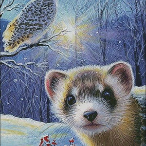 May include: A snowy winter scene with a white owl perched on a branch and a small brown and white ferret looking at the viewer. The background is a blue and purple forest with a bright light shining through the trees.