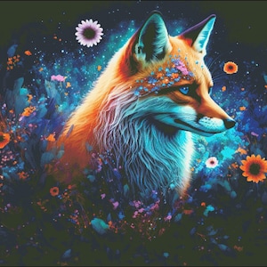 May include: A vibrant orange fox with blue fur, surrounded by a field of colourful flowers. The fox has a blue eye and is looking to the right. The background is a dark blue with a starry sky.