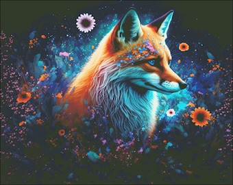 Red Fox with vivid flowers counted cross stitch pattern digital pdf