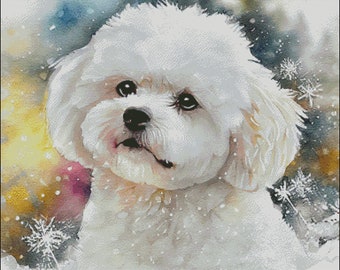 Adorable bichon frise dog snowy winter scene counted cross stitch pattern digital pdf