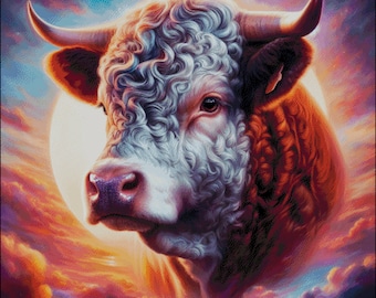 A hereford bull with horns a sunset counted cross stitch pattern digital pdf