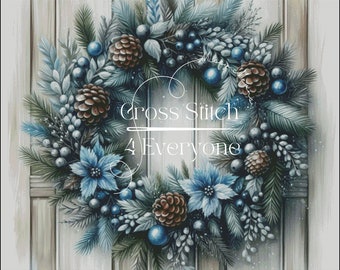 Blue Christmas Wreath Counted Cross Stitch Pattern (Digital PDF)