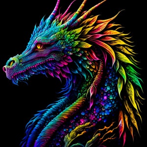 May include: A colourful illustration of a dragon's head and neck, set against a black backdrop. The dragon is depicted in a rainbow of colours, with blue, green, yellow, and purple dominating. The dragon has yellow eyes and a detailed, textured appearance.