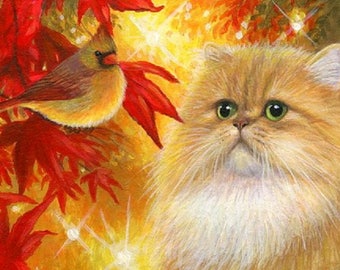 Persian cat red cardinal bird autumn colored leaves counted cross stitch pattern PDF