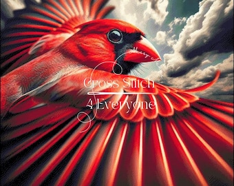 Northern Cardinal bird in flight vibrant Cross Stitch Pattern:  (Digital PDF)