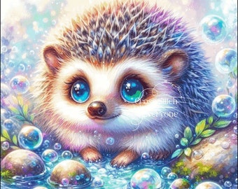 Adorable hedgehog with water and bubbles counted cross stitch pattern digital pdf
