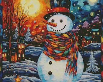 A cozy snowman as stained glass counted cross stitch pattern digital pdf