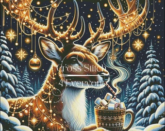 Reindeer with Hot Coco Cross Stitch Pattern: Festive Holiday Design (Digital PDF)