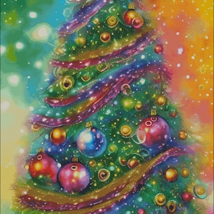 May include: An abstract illustration of a Christmas tree, decorated with baubles in red, blue, and gold. A star sits atop the tree. The background is a colourful gradient, giving a festive and whimsical appearance.