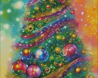Christmas tree with holiday baubles ornaments counted cross stitch pattern digital pdf