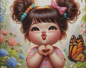 Little Girl blowing kisses monarch butterfly flowers counted cross stitch pattern digital pdf