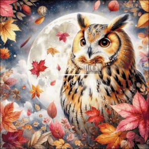 May include: A detailed illustration of an owl with brown and white feathers, set against a backdrop of a full moon and autumn leaves in shades of red, orange, and yellow. The text "Cross Stitch for Everyone" is visible.