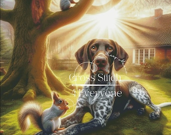 A german shorthair pointer dog and a curious squirrel counted cross stitch pattern digital pdf