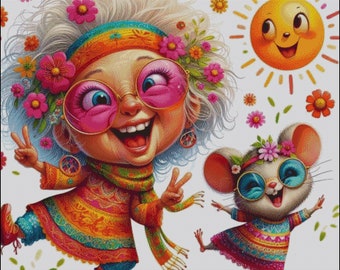 Hippie Woman & Mouse Cross Stitch Pattern: Whimsical Flowers (Digital PDF)