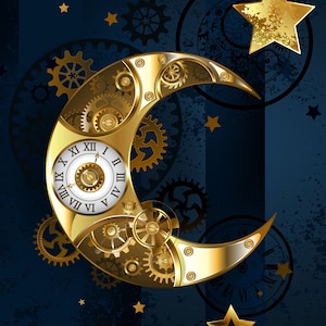 May include: A gold crescent moon with a clock face and intricate gears, set against a dark blue background with stars. The moon is a steampunk design.
