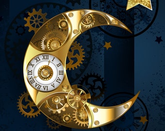 A mechanical moon with stars steampunk clock gears counted cross stitch pattern digital pdf