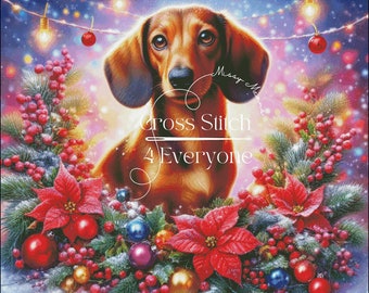An adorable dazzling dachshund weenie dog christmas winter holiday counted cross stitch pattern digital pdf