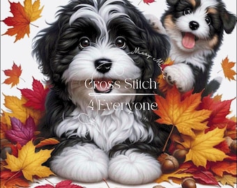 SCHAPENDOES (dutch sheepdog)  puppies in autumn leaves Cross Stitch Pattern:  (Digital PDF)
