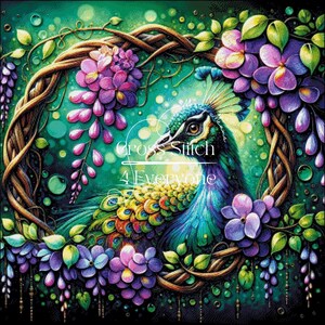 Puede incluir: Ilustración vibrante de un pavo real dentro de una corona floral. El pavo real tiene plumas azules, verdes y amarillas, rodeado de flores moradas y rosas, con el texto "Cross Stitch 4 Everyone". El fondo es verde turquesa.