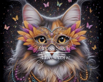 A colorful calico maine coon cat mardi gras mask counted cross stitch pattern digital pdf