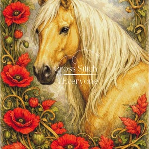 Könnte beinhalten: Ein Kreuzstichmuster mit einem goldenen Pferd mit langer Mähne, umrahmt von leuchtend roten Mohnblumen und grünem Blattwerk. Der Text Cross Stitch 4 Everyone ist über dem Pferd zentriert. Das Design enthält detaillierte florale Bordüren.