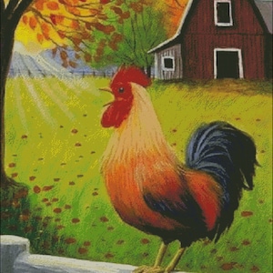 Rooster barn country sunrise chicken farm counted cross stitch pattern PDF