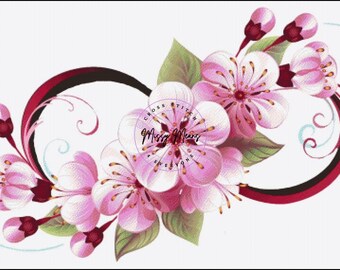 Pink sakura flowers infinity symbol counted cross stitch pattern digital pdf